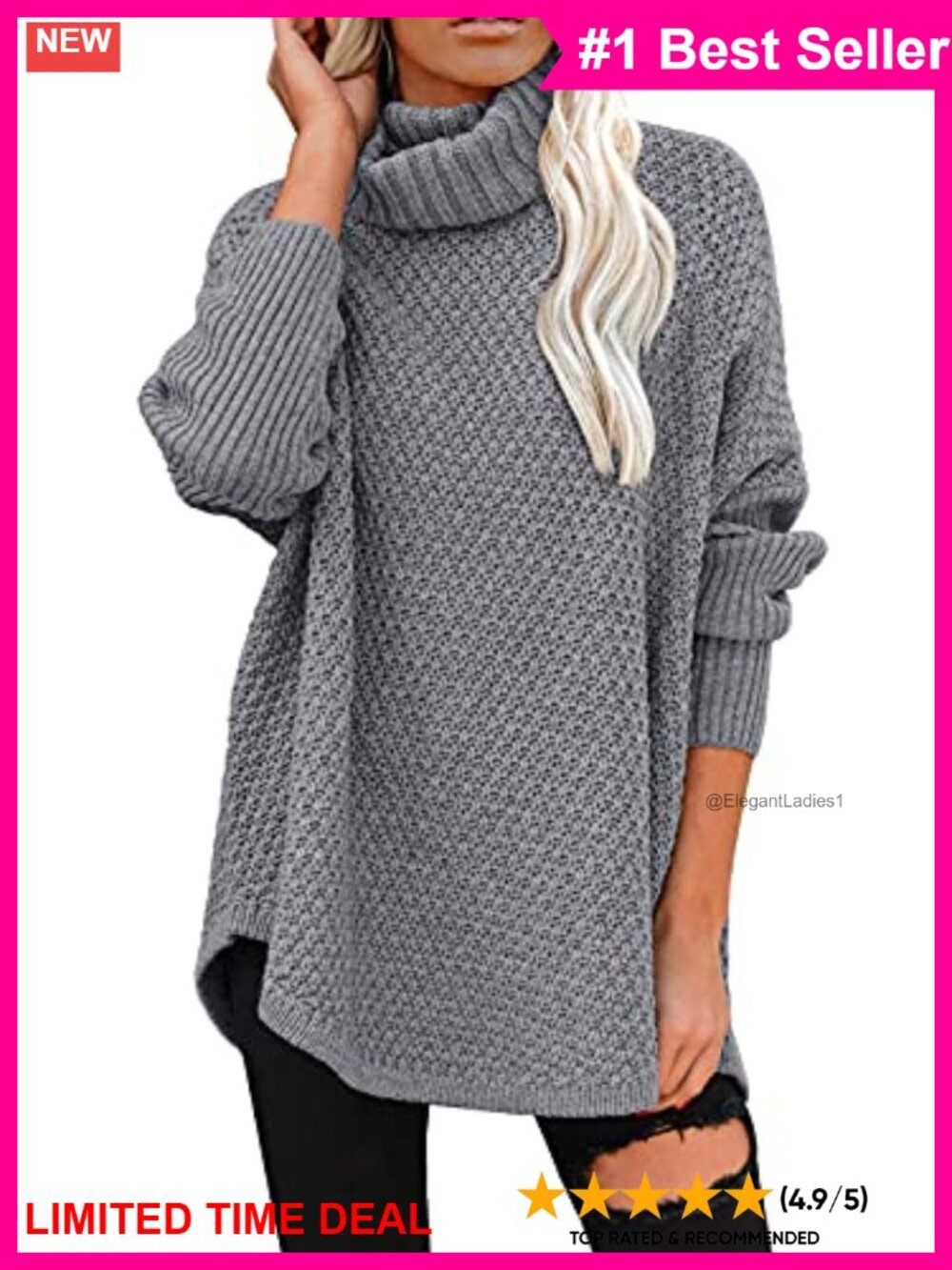 Oversized Turtleneck Tunic Sweater Textured Knit Pullover Women's